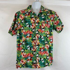 Disney Men's Hawaiian Shirt L Button Front Short Sleeve Mickey Green Yellow Red